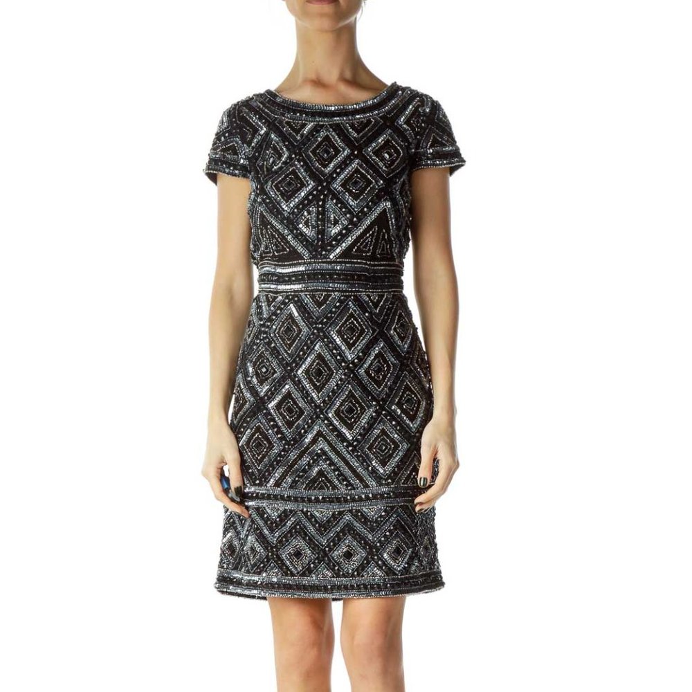 Adrianna Papell Beaded Sequin Sheath Dress Womens 14 Black Argyle Mini Mesh